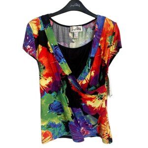 Joseph Ribkoff Colorful Shirt Sleeve Wrap Style Stretch Top Size 12